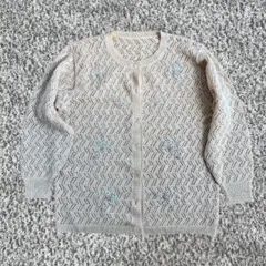 極美品 80s 昭和レトロ 透かし編み パステル花刺繍 ニットカーディガン L