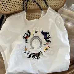 ホワイト トートバッグ 馬と騎手刺繍