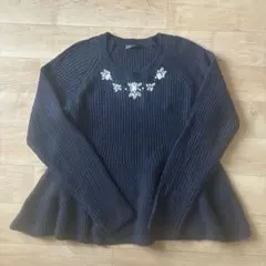 clear★ビジュー装飾付きネイビー長袖ペムラムニット★クリアM