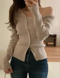 オフショルダーリブニット長袖 SHEIN