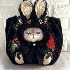コヤンイサムチョン　ハンドメイド　ファーバッグ　ヒョウ柄黒　ルミちゃん　黒うさ