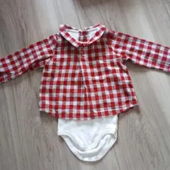 プチバトーブロックチェックインナー一体型ブラウス 12m 74cm