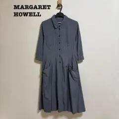 マーガレット・ハウエル コットン シルク シャツ ワンピース 半袖 ネイビー M マーガレット・ハウエル コットン シルク シャツ ワンピース 半袖