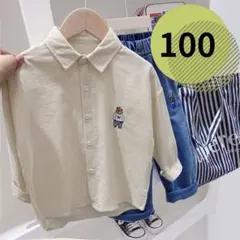 キッズ コーデュロイ シャツ 100 ホワイト 長袖 くま ワンポイント 韓国