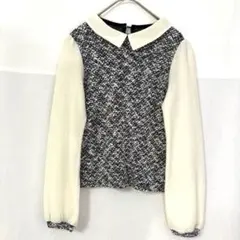 白黒/襟付き/クラシック/ツイード/トップス/透け感/長袖/韓国製/Ｓ