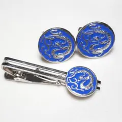 カフスボタン ネクタイピン セット 龍 ドラゴン 青 ブルー SILVER