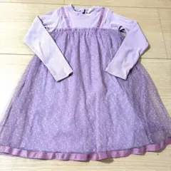 薄紫色の長袖ドット柄ワンピース 130