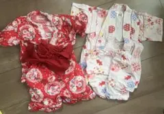 赤とピンクの花柄着物セット 90 2着セット　甚平