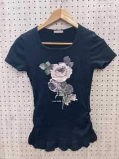 00s ロマンティック グランジ 古着 裾フリル 薔薇ラメプリント トップスのサムネイル