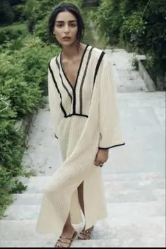 ZARA ザラ ストライプ カフタンワンピース レース ホワイトのサムネイル