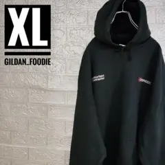 海外製ギルダンGILDANビッグサイズ古着スウェットパーカー黒XL　企業ロゴ刺繍