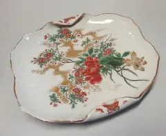 九谷色絵金彩牡丹図蓮葉形皿/蝶尽くし/錦谷画/金継ぎ材料