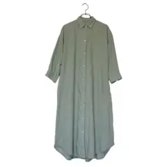 GU ジーユー(M)リネンブレンドシャツワンピース(七分袖)/グリーン