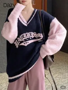 dazy PADDLED 1983 Vネックセーター ネイビー×ピンク