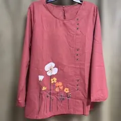 花柄プリント 赤 長袖チュニック2XL