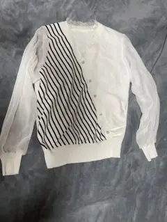 ニット セーター 丸首 切替 袖透け感 ウール 長袖 クリーム