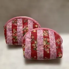 ハンドメイド　パッチワークポーチ　ピンク花柄　2個セット