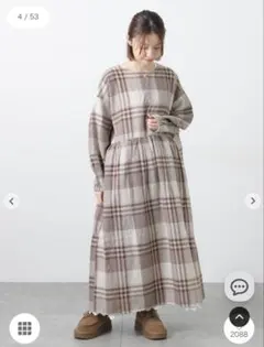 リネン チェック柄 ロングワンピース Mサイズ