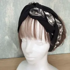 和風編み込みターバン　着物リメイク　クロスターバン　ヘアバンド　ブラック&模様