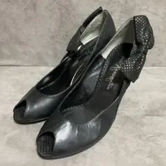 【銀座かねまつ】（24）オープントゥパンプス リボン ブラック