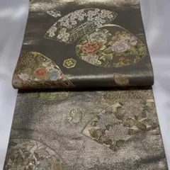 美しいグレー系 六通袋帯 扇子と花柄刺繍