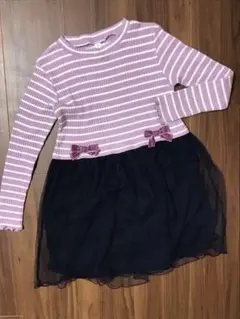 未使用　紫と白のストライプワンピース　紺色レーススカート