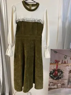 axes femme ポエティック コーデュロイ切り替えワンピース カーキ