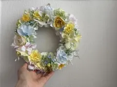 フラワーリース 清夏9 咲き誇る花たちとグリーン 玄関リース 造花