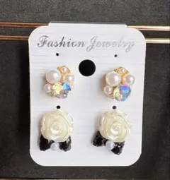 パールとキラキラ&白バラピアス　2点セット　No.211