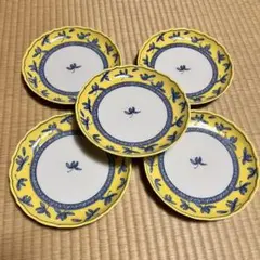 献上古伊万里 取り皿 5枚 黄色 イエロー 金彩 豪華 丸 中皿 ケーキ皿