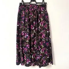 フレアスカート 花柄 黒 ピンク スカート Mサイズ サイドポケット 柄スカート