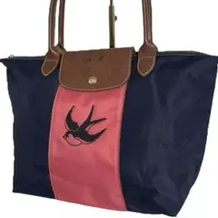 longchamp プリアージュ　トートバッグ　バイカラー　鳥　ネイビー　ピンク