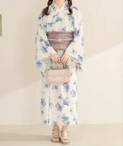 青い花柄浴衣・紫帯セット