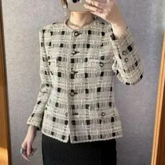 ヴィンテージ レトロ古着 格子柄ノーカラーツイードジャケット チェック
