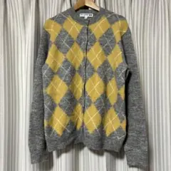 ユニクロ UNIQLO アーガイルクルーネックカーディガン Sサイズ グレー黄色