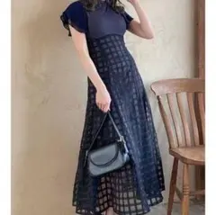 ダズリン dazzlin シアーチェックコルセット ワンピース M ネイビー