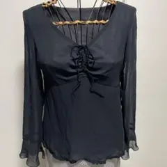 ROPE ブラック Vネック 長袖シャツ リボン付き