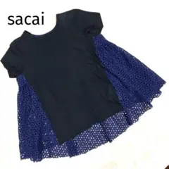 sacai サカイ カットワークレースアップ フレアTシャツ ネイビー リネンのサムネイル