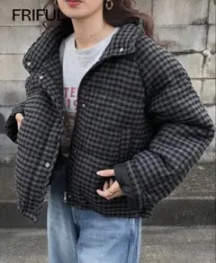 SHEIN FRIFUL 中綿ダウンジャケット ブラック チェック