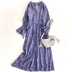 アーバンリサーチドアーズ インドコットンプリントワンピース 紫 ギャザー ロング