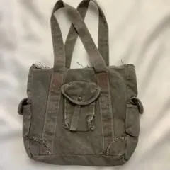 カーキ キャンバス ダメージ トートバッグ