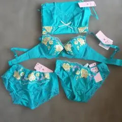ルジェ、ターコイズ 花柄刺繍 ブラジャーショーツ、スリップ豪華セット