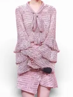 美品/韓国ファッション ブラウス ピンク グリッター ボウタイ フリル キラキラ