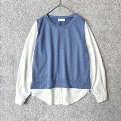 長袖ブラウス　重ね着風　レイヤードデザイン　カットソー　ブルー×ホワイト　M