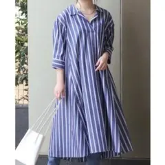 【美品】SIMPLICITE　ストライプシャツロングワンピース　ブルー IENA