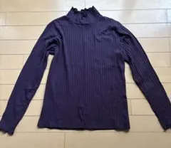 リブ編みパープルハイネックTシャツ M