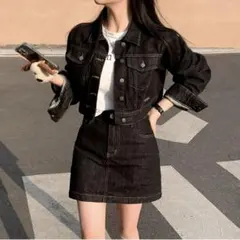 短丈 デニムジャケット&デニムスカートパンツ セットアップ