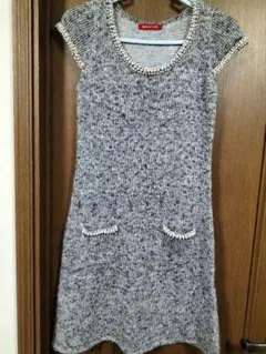 ★Apuweiser-riche 半袖 ニットワンピース パール装飾 グレー M