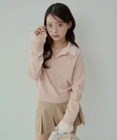 Chico 刺繍入り襟付きポロニット ピンク