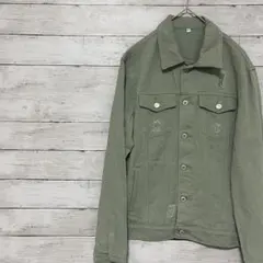 ユニセックス グリーン 淡カーキ ダメージ加工 デニムジャケット